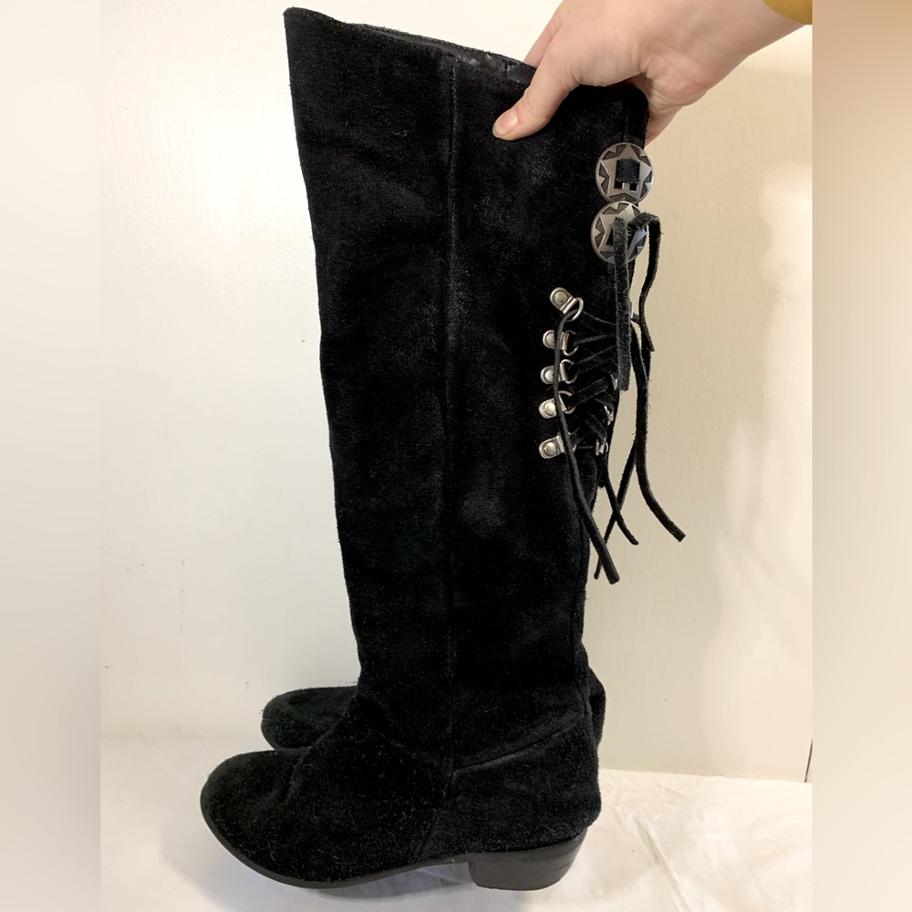 Celestial Suede Leather Boots Size 8 Metal Star Lace Up Details Hidden Zipper